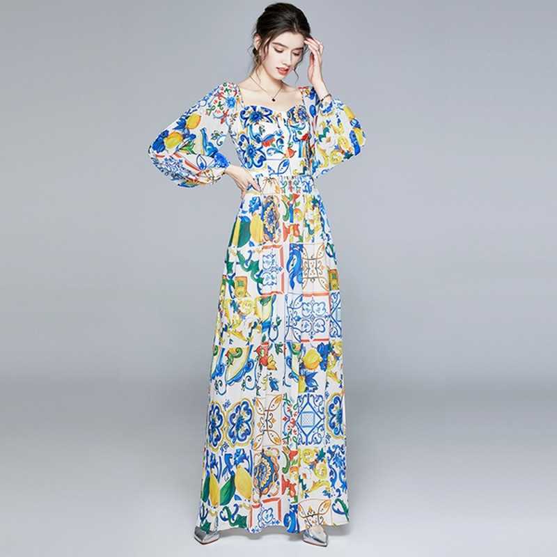 

Elegant Autumn Blue and White Porcelain Flower Maxi Dress Women Ruffles Sexy Slash Neck High Split Bohemian Long Dresses 210526, Picture color