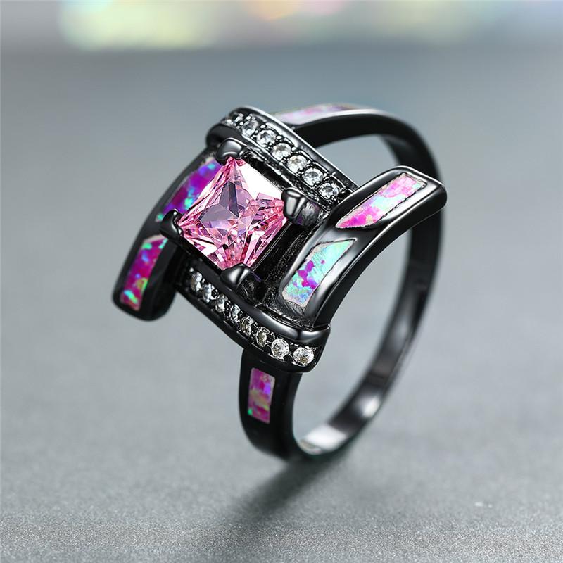 Wedding Rings Elegant Pink Zircon Square Stone Ring Dainty Bridal Black Gold Charming Purple Fire Opal Engagement For Women-image-704844638