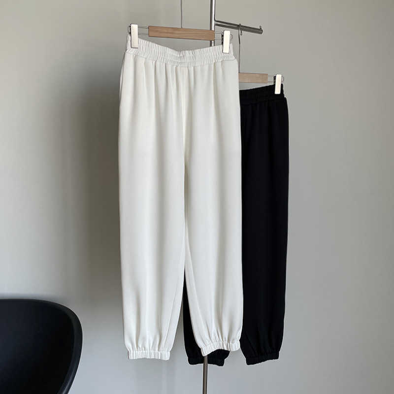 

Fashionable Cool Elastic Waist Pants Women Summer Korean Casual Black White Sweat 210607