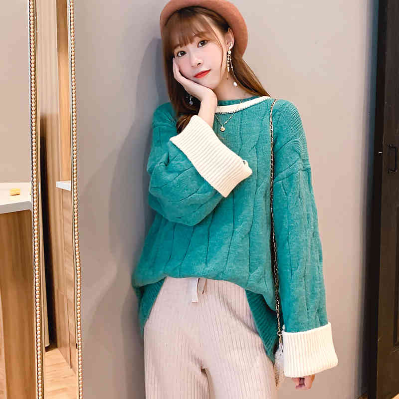 

Women's T-Shirt Winter Loose Pullover Sweater Autumn Twist Knited Contrast Color Patchwork Female O Neck Long Knitwear QBZ5, Yellow