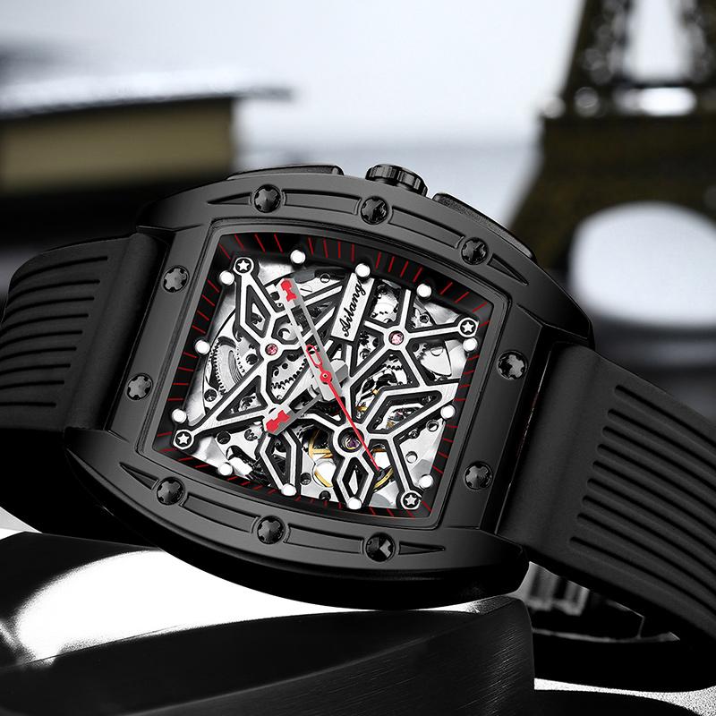 Wristwatches AILANG Skeleton Automatic Mechanical Watches Mens Silicone Sports Wrist Watch Men Luxury Tonneau Clock Horloges Mannen 2021-image-710570481