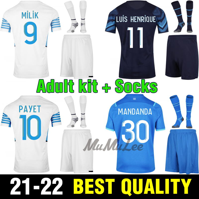 

21 22 Adult kit + Socks Marseille soccer jersey 2021 THAUVIN PAYET OM MILIK maillot Shirt BENEDETTO SANSON L.GUSTAVO KAMARA Football Uniform