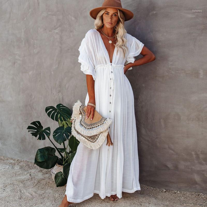 

Women's Swimwear Sexy See Through Maxi Dress For Women Deep V Neck Backless White Cotton Boho Summer Ruffles 2021 Beach Bikini Cover Up, Green