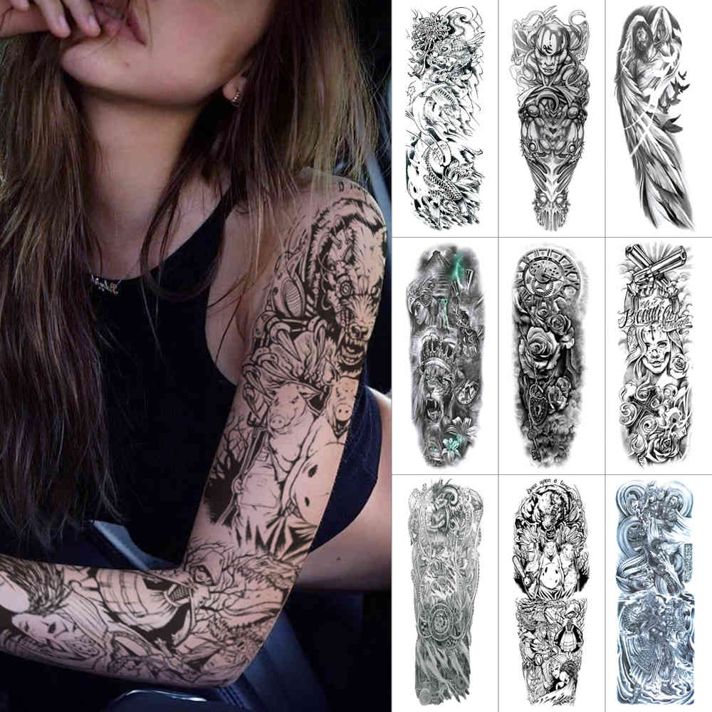 

Large waterproof Black ink stickers for Full arm Demon false light angel Sleeve Dragon wolf temporary tattoo