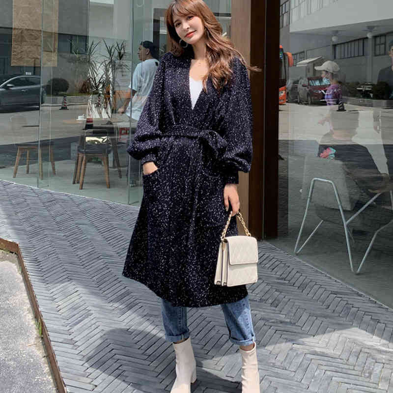 

Exclusive design autumn winter knitting sweaters Korean long loose over the knee cardigan sweater coat women 210520, Black