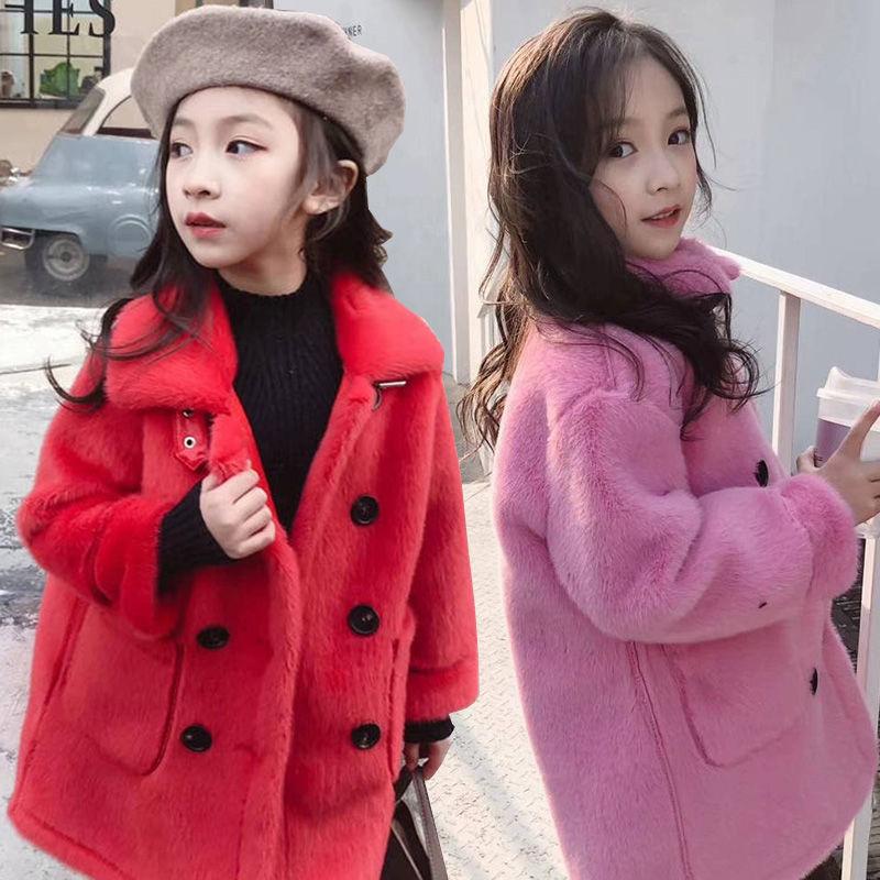 

Jackets Winter Baby Girls Imitation Fur Coat Long Mink Jacket Double Breasted Thick Warm Children Casual Outwear TZ652, Blue;gray