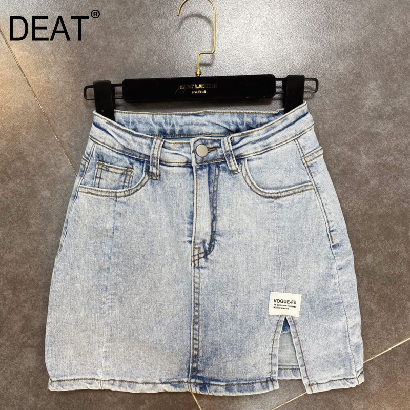 

Women Black Vintage Denim Split Skirt Arrivaals All Match Temperament Waist Fashion Spring Summer 11D351 210525