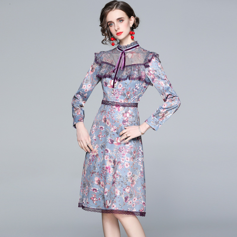 

Casual Dresses Summer 2021 elegant female temperament collar lace sew long sleeve printed to cultivate morality, Purple