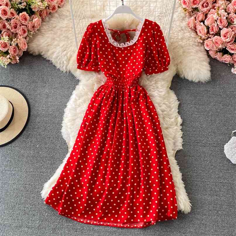 

French Style Women Vintage Dress Ruched Beading Square Collar Short Sleeve Slim Waist Polka Dot Print A-line Midi Party Dresses 210603, Light green