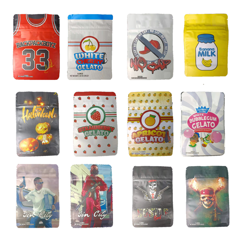 

3.5g mylar bag 33 backpack boyz 420 smell proof resealable zipper package bags banana milk tomyz Gelato merzgato baggie