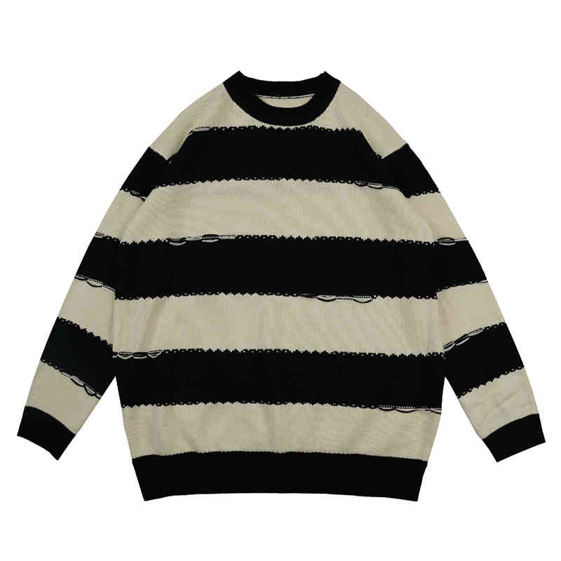 

retro color block striped crew neck pullover mens sweaters harajuku japane spliced high street oversize casual sweater couple, Black