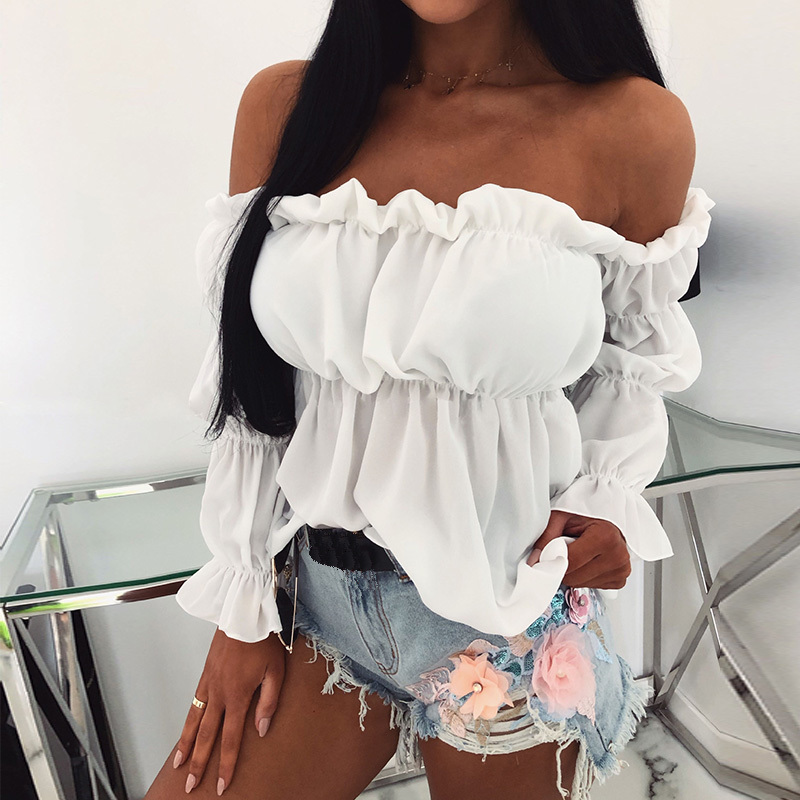 

Womens Tops and Blouses Sexy Solid Color Off Shoulder Ruff Sleeve Long Sleeve Ruffled Women Blouse Women Shirts 210518, White