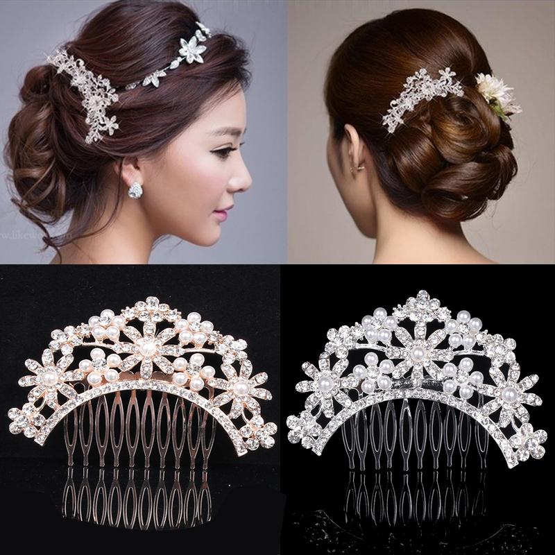 

Hair Clips & Barrettes Wedding Bride Combs Hairpins Crystal Rhinestones Pearls Clip Gold Silver Color Hairwear Party Prom Headdress Accessor, Golden;silver