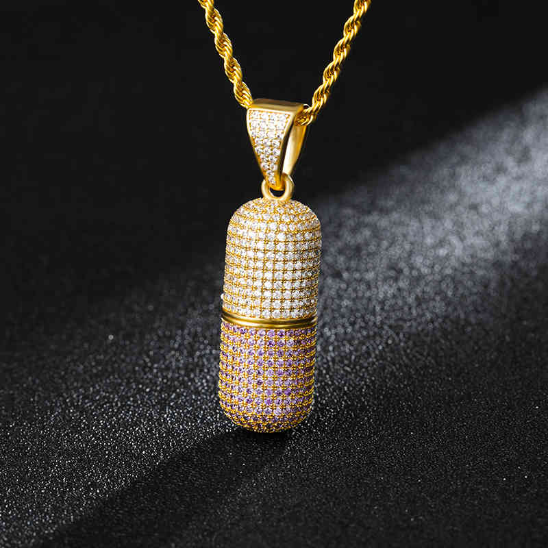 

Hip Hop Pill Capsule Pendant Necklace Iced Out Cubic Zircon Men Necklaces Rapper Punk Jewelry Detachable X0509