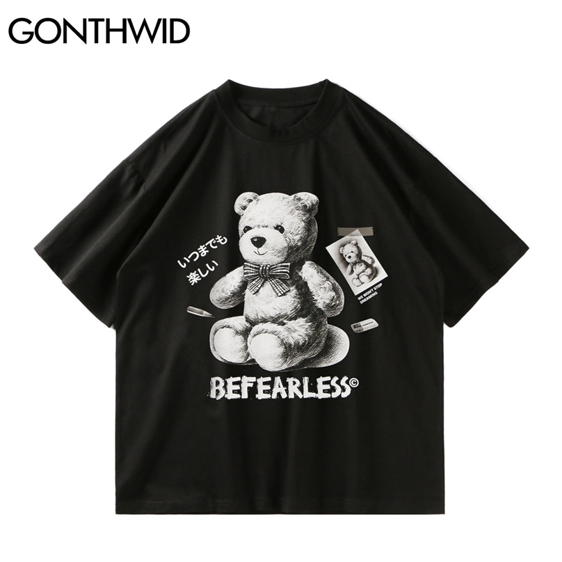 

Tees Shirts Streetwear Summer Toy Bear Print Short Sleeve T-Shirts Harajuku Cotton Casual Hip Hop Fashion Tshirts Tops 210602, White