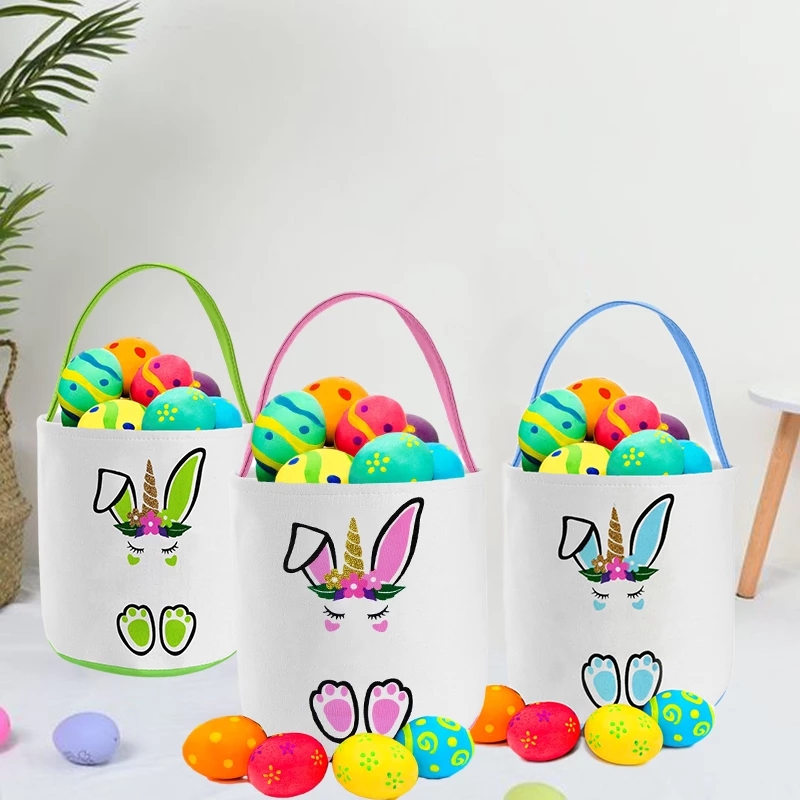 4 Colors Easter Bunny Basket Festive Canvas Bend Ear Rabbit Bucket Candy Toy Storage Bag For Festival Decor-image-749482181