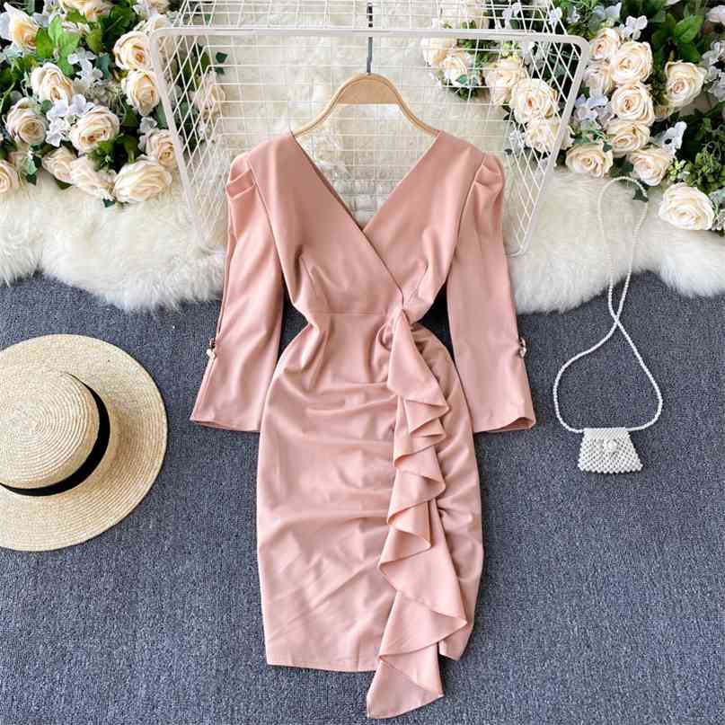 

Women' Korean Fashion Pink Short Dress Spring Elegant V-neck Three quarter sleeve High Waist Ruffles Pencil 210603