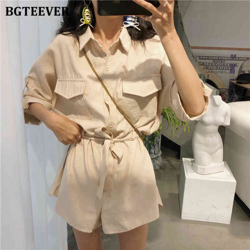 

downs Casual Single-breasted Female Overalls Turn-down Collar Belted Women Playsuit Summer Solid Jumpsuits Rompers O9xe, Black