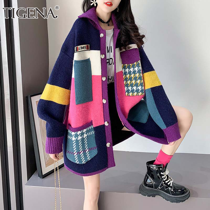 

tigena autumn winter women long cardigan 2021 contrast print pocket button oversize sweater cardigan female street jacket coat, Black
