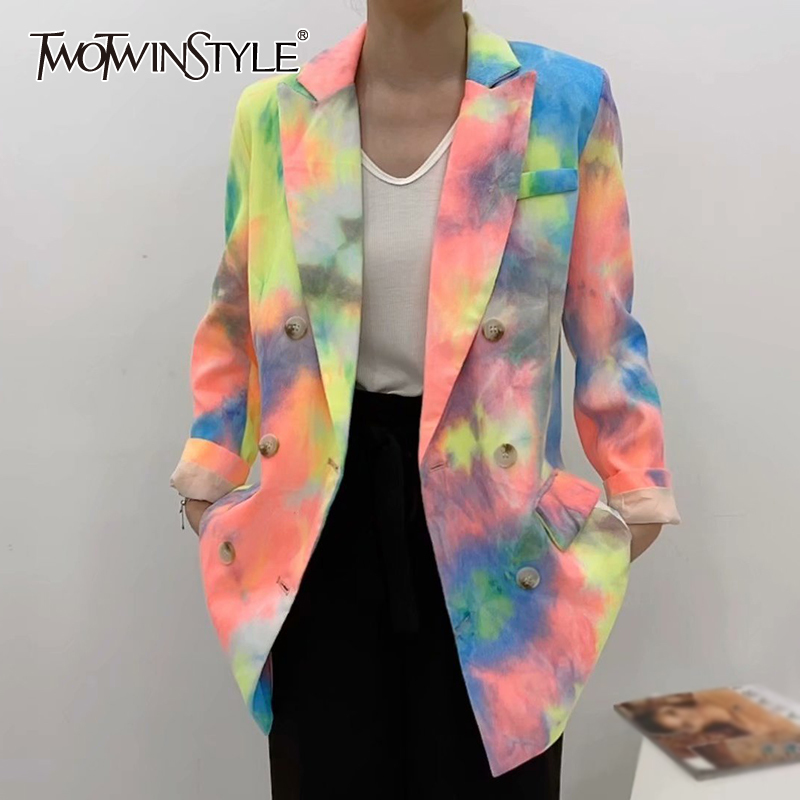 

Vintage Double Breasted Blazer For Women Lapel Long Sleeve Print Hit Color Blazers Female Fashion Clothing 210524, Aspicture