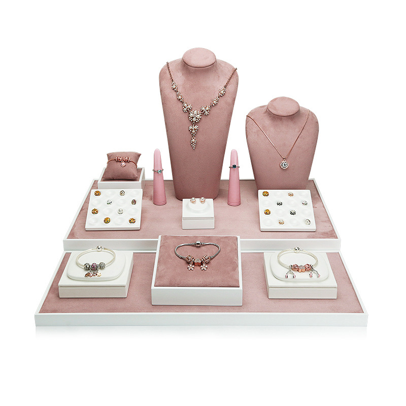 

High-end jewelry display props shooting counter necklaces, bracelets, rings, earrings, watches, pink paint jewelry display sets Jewelry Display Rack