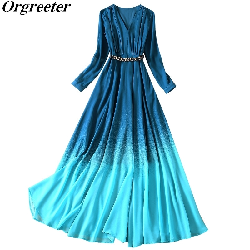 

Fashion Design Summer Fall Long Maxi Dress Women V-neck Sleeve Ruched Contrast Color Gradient Chiffon With Belt 210525, Blue