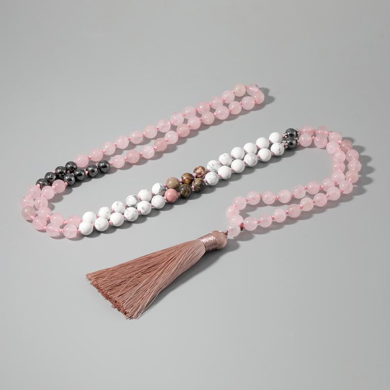 Pendant Necklaces 108 Japa Mala Natural Stone Beaded Hand Knotted Necklace Cuarzo Rosado & Turquesa Blanco Meditation Yoga Semi-Precious Jew-image-697780048