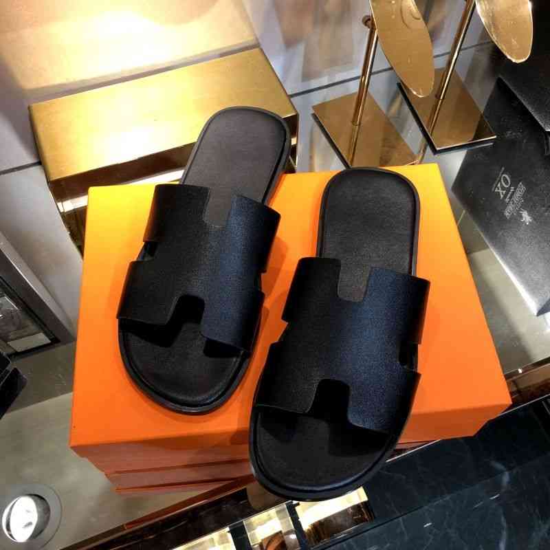 

Herm Oran Sandals New Spring and Summer Fashion H-type Leather h Slippers Men's Flat Bottomed Flip Flops Sandals Wear Out Europe Station, Black