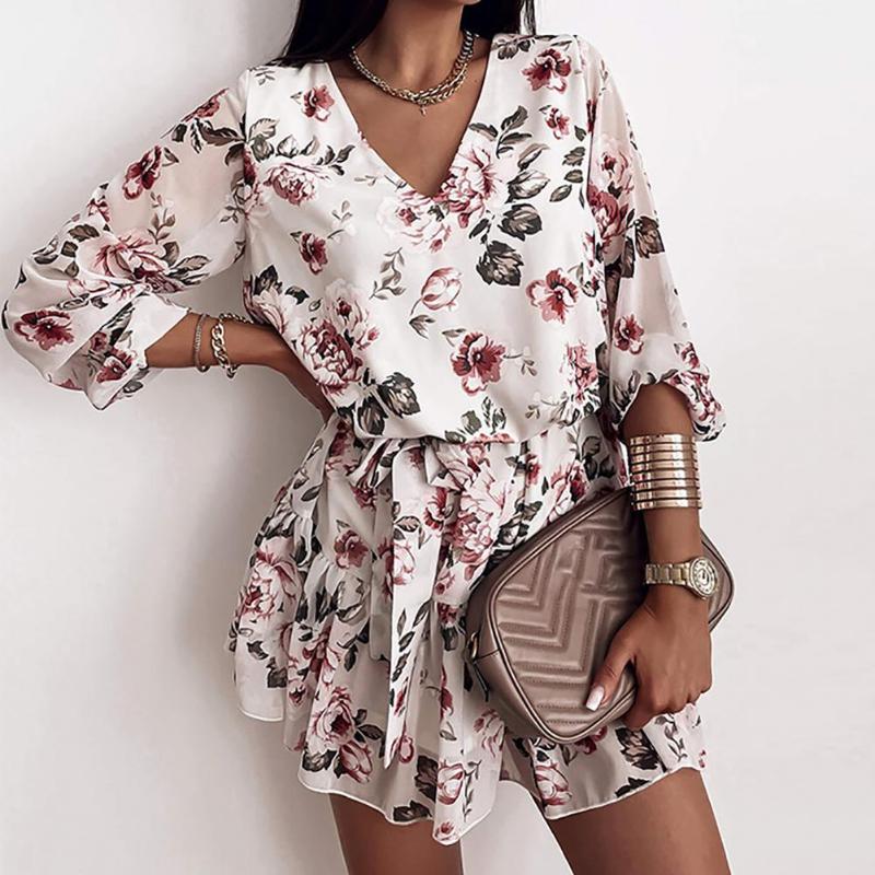 

Casual Dresses Elegant Sexy Women Dress Chiffon High Waist Female V Neck Floral Print For Daily Life Mini Femme, Black;gray