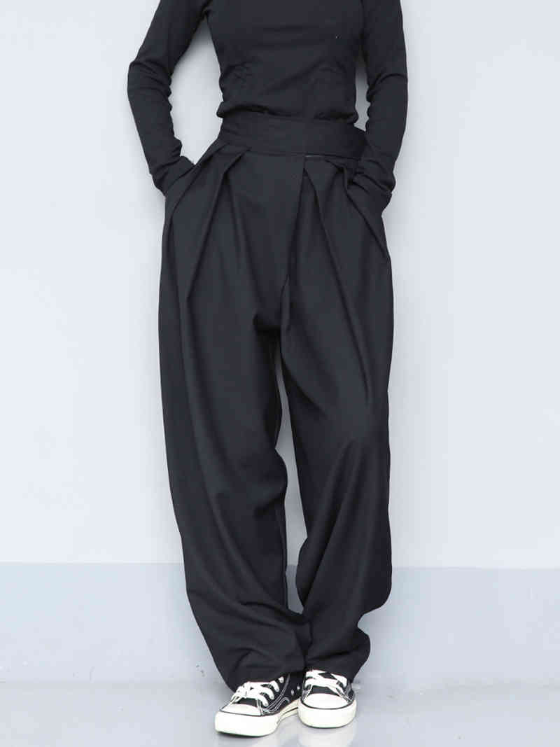 

High Waist Black Brief Pleated Long Wide Leg Trousers Loose Fit Pants Women Fashion Tide Spring Autumn 210429