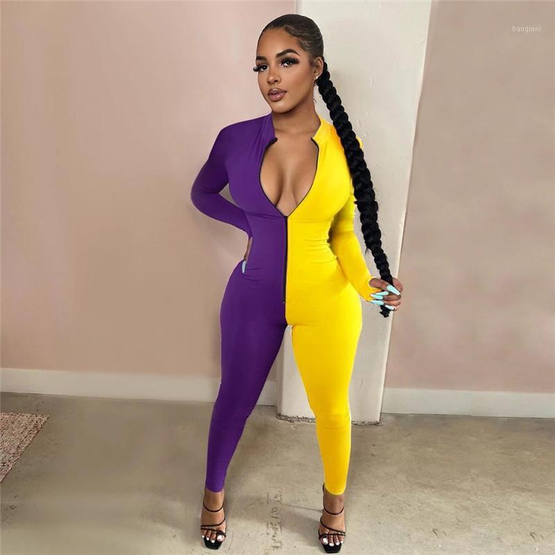 

Women' Jumpsuits & Rompers Front Zipper Up Sexy One Piece Bodysuit Women Deep V Neck Long Sleeve Jumpsuit Plus Size Color Block Full Length