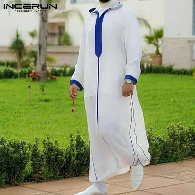 

Men Muslim Kaftan Islamic Arabic Robes Patchwork Dubai Middle East Caftan Hooded Loose Casual Long Sleeve Jubba Thobe Ethnic Clothing