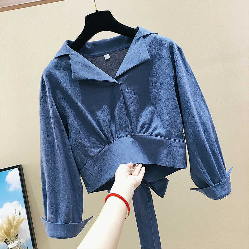 

Spring Fashion Solid Notched Shirt Short Waist Design Women Blouses 210615, White