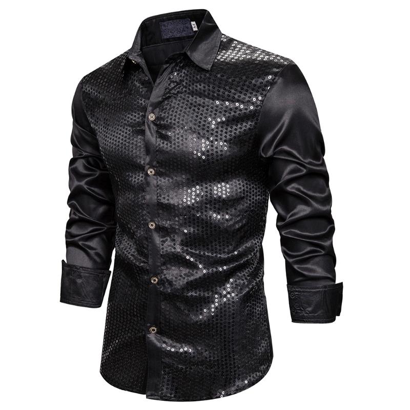 

Adisputent Silk Shiny Nightclub Men' Luxury Sequin Dress Long-sleeved Shirt Stage Dance Graduation Set Shirts, White