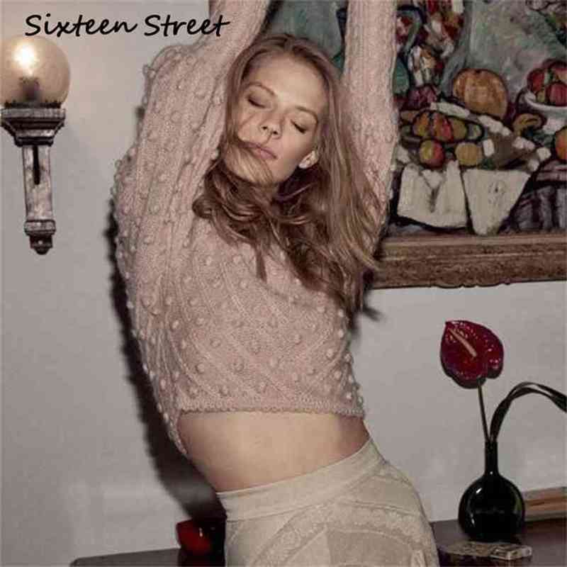 

Pink Solid Woman Sweater O-neck Long-sleeve Ball Runway Design Fashion Short Knitted Pullovers Female 210603, Sky blue