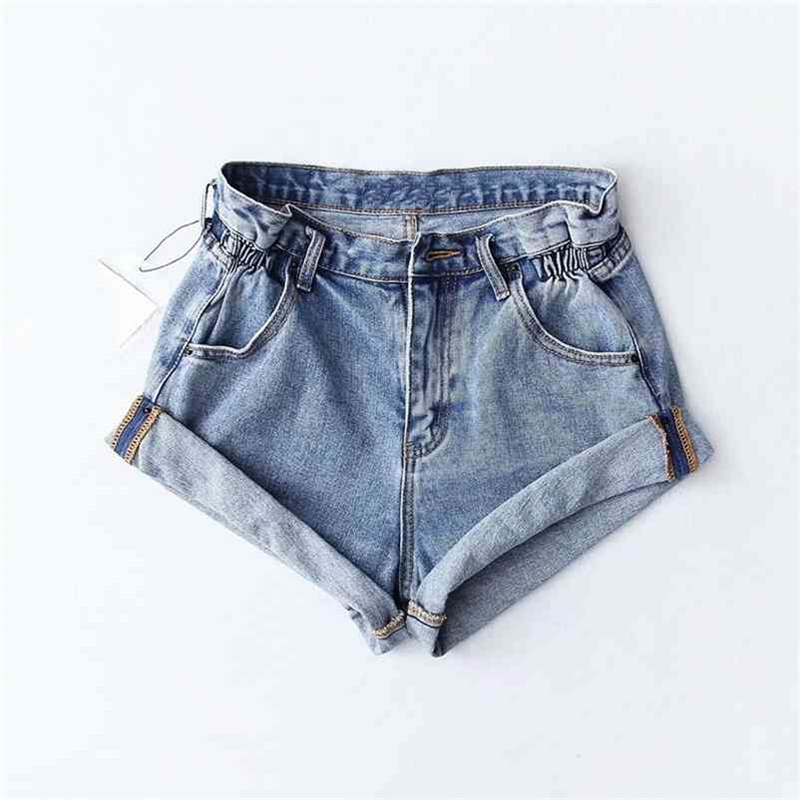 

Summer women Pleat curling shorts denim female casual High waist Split Hem for 210517, Light blue