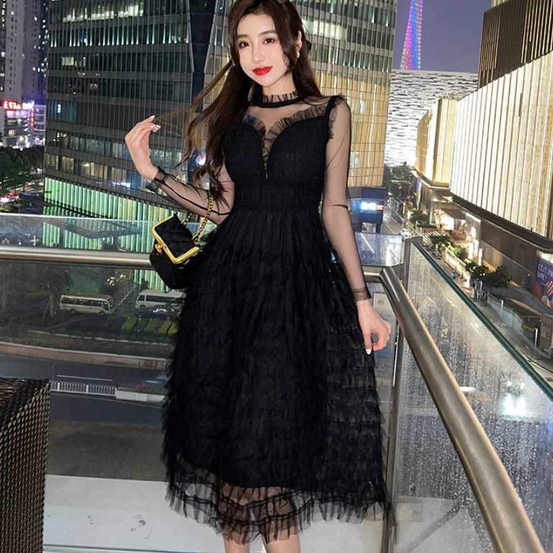 

Spring Fashion Sexy Lace Patchwork Mesh Black Dresses Women Long Sleeve Ruffles Layered Cake Midi Party Dress Vestidos 210526