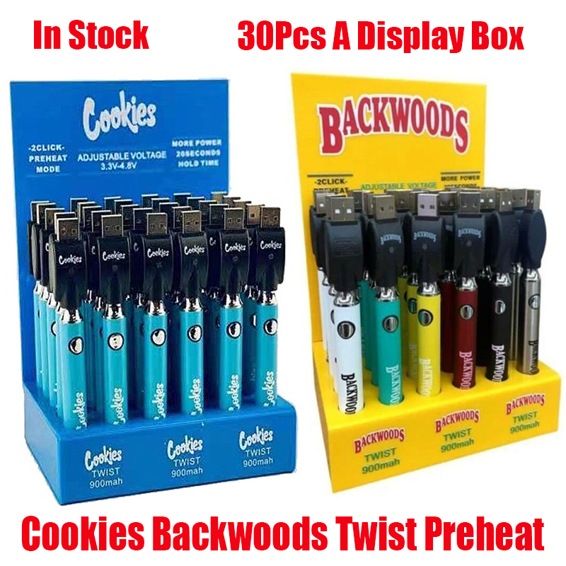 

Cookies Backwoods Twist Preheat VV Battery 900mAh Bottom Voltage Adjustable Usb Charger Vape Pen For 510 Cartridges 30Pcs A Display Box
