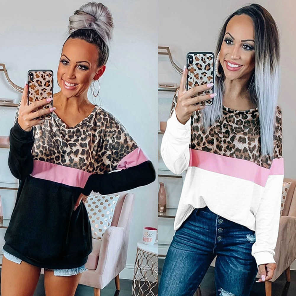 

Women Pullover Leopard Striped Print Patchwork T Shirt Long Sleeve O Neck Top Casual Tee Femme T- Loose Camisas 210526, 3380-white