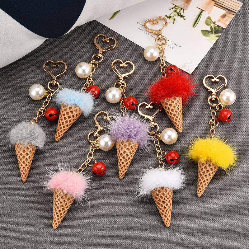 

Keychains Simulation Cream Cone Keychain Cute Pearl Bell Keyring Girl Woman Bag Mobile Phone Airpods Pendant Key Chain