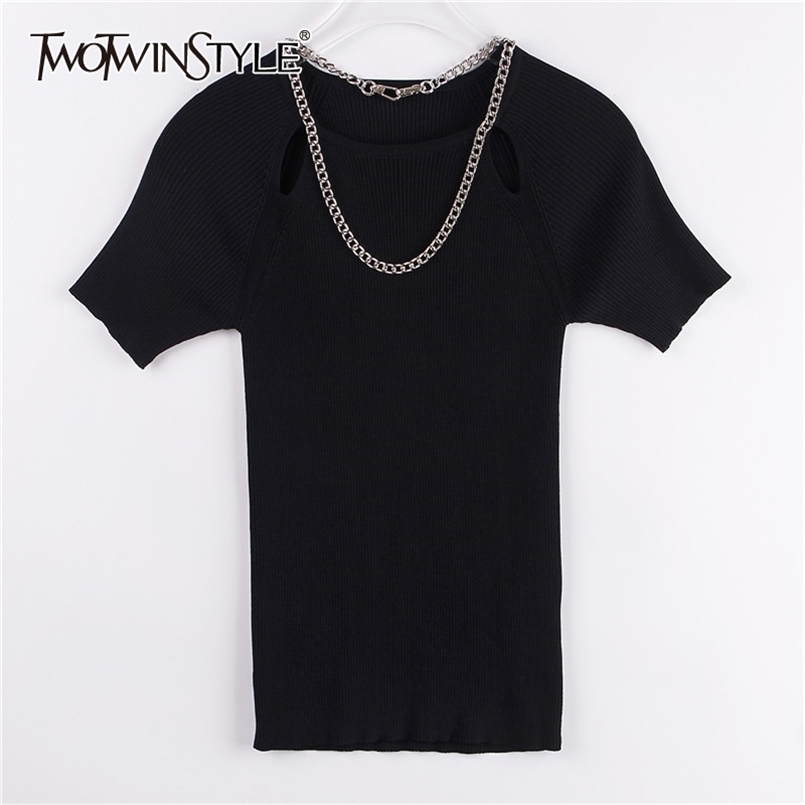 

TWOWINSYLE Black Patchwork Chain Shirt For Women O Neck Short Sleeve Hollow Out Slim Shirts Female Fashion Summer ide 210524, White