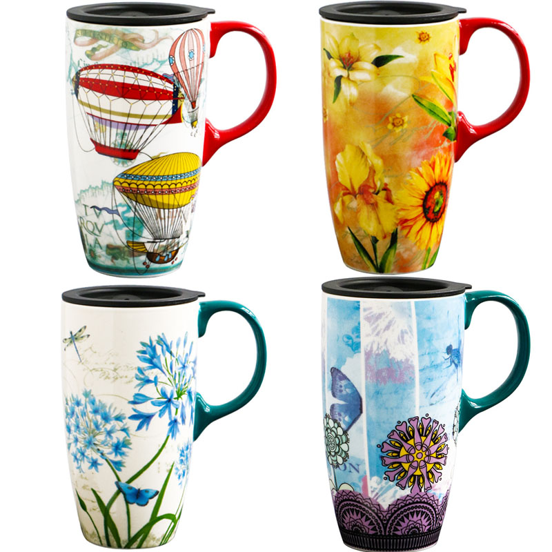 

500ML Large-Capacity Travel Coffee Mugs with Lid Ceramic Butterflies Over Flowers Porcelain Latte Tea Cup For Women Couple Gift, As show