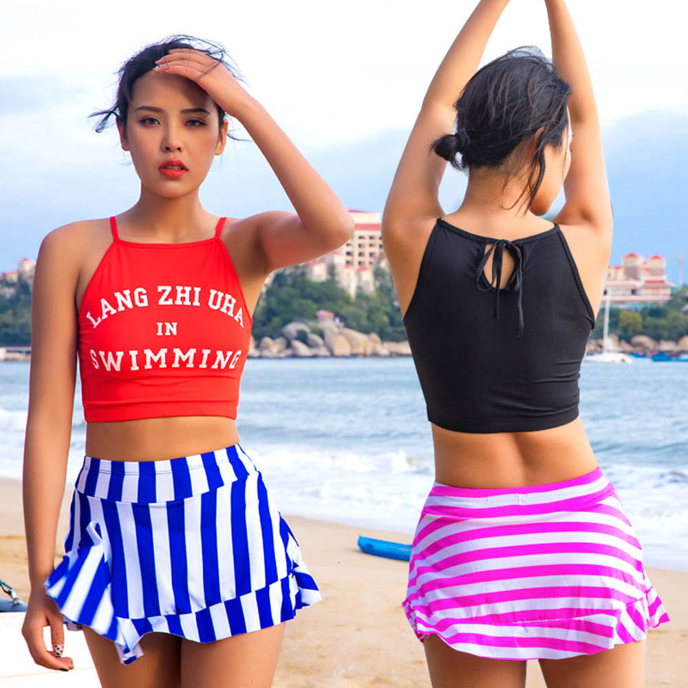 Split Swimsuit Women's Bikini Piece Set Sexy Striped Open Back Student Hot Spring triangl swimwear-image-692539393