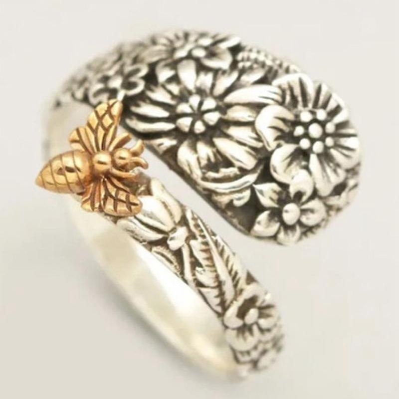 

Cluster Rings Trendy Jewelry Flower Bee Ring Retro Creative Hovering Flowers Spoon Male Female Hyperbole Animal Boho