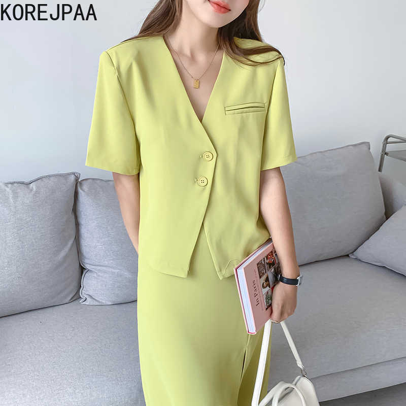 

Korejpaa Women Sets Summer Korean Chic Elegant Temperament V-neck Two Button Loose Thin Suit Jacket High Waist Split Skirt 210526, Black