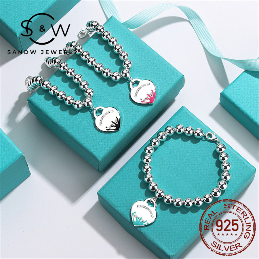 

SANDW925 Sterling Silver Jewelry Heart Shaped Water Drop Enamel Bracelet Round Bead Chain Classic Blue Fashion high quality Holiday Gift, Golden;silver