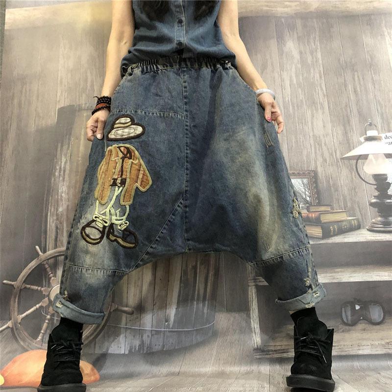 

Jeans Women Casual Cartoon Embroidery Harem Pants Ladies Collapse Denim Cross-Pants Female Hanging Crotch Trousers Streetwear, Blue