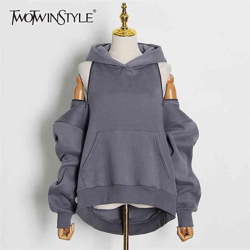 

TWOTYLE Casual Solid Sweatshirt For Women Hooded Collar Long Sleeve Hollow Out Minimalist Sweatshirts Female Fashion Fall 210721, Gray