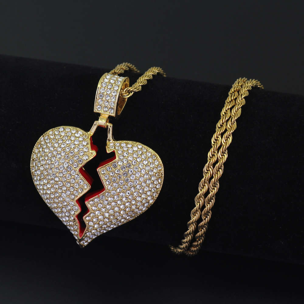

2021 New High Quality Broken Heart Pendant Necklace Hip Hop Necklaces Fully Iced Out Bling Rhinestone Women Men Jewelry with 24\, Red