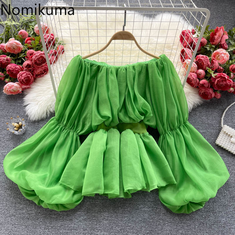 Nomikuma Chiffon Women Blouse Lantern Sleeve Sexy Strapless Slash Neck Shirts Elegant Korean Slim Waist Ruffle Top Blusas 6H266 210427